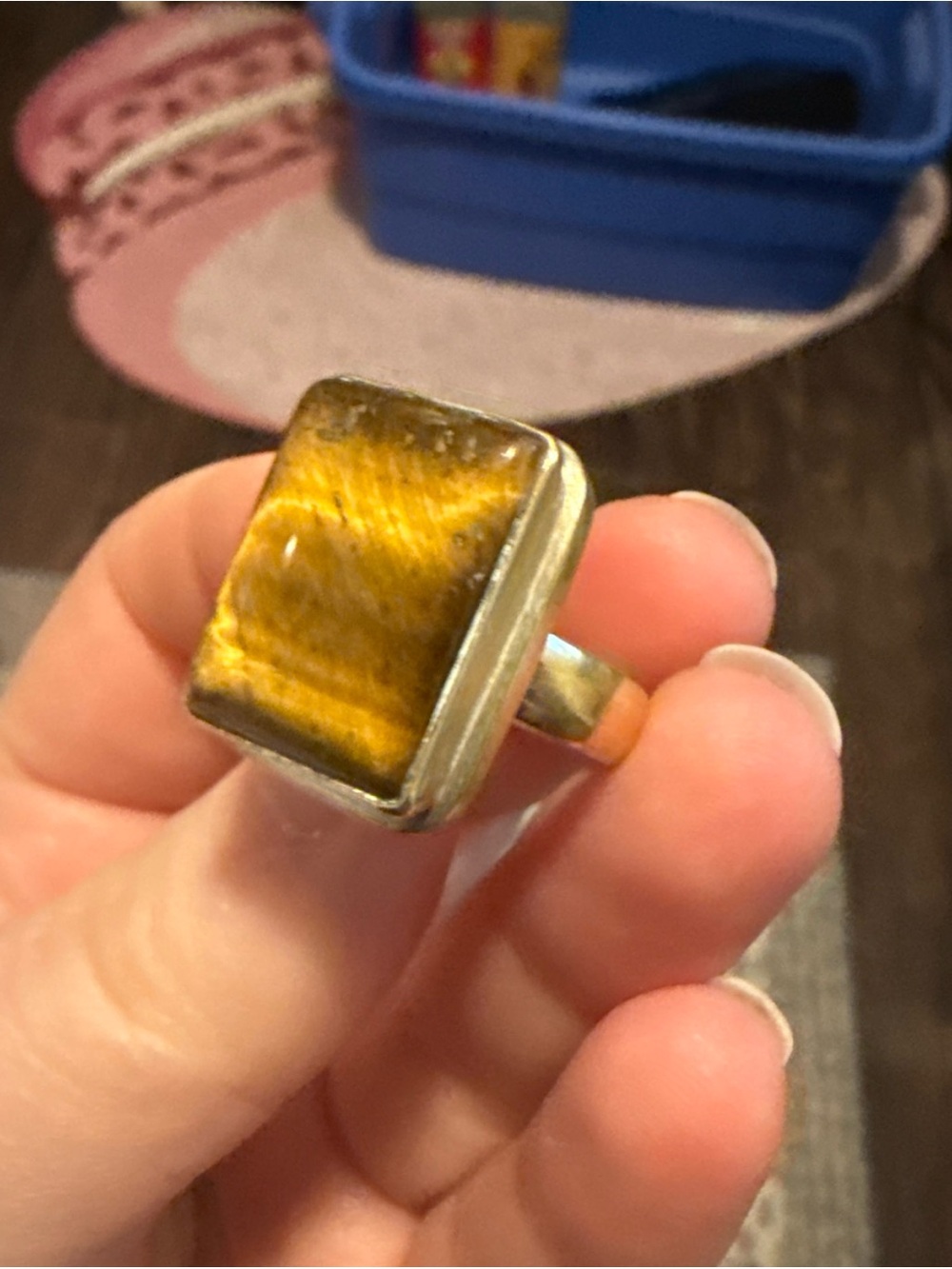 925 Sterling Silver Long Rectangular Tiger's Eye Ring marked size 7.25 - 7.5